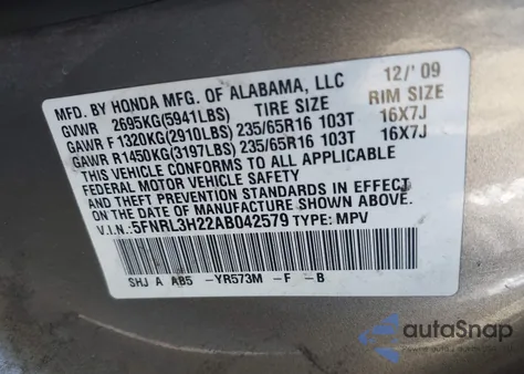 2010 Honda Odyssey Lx z USA, uszkodzony, nr VIN 5FNRL3H22AB042579